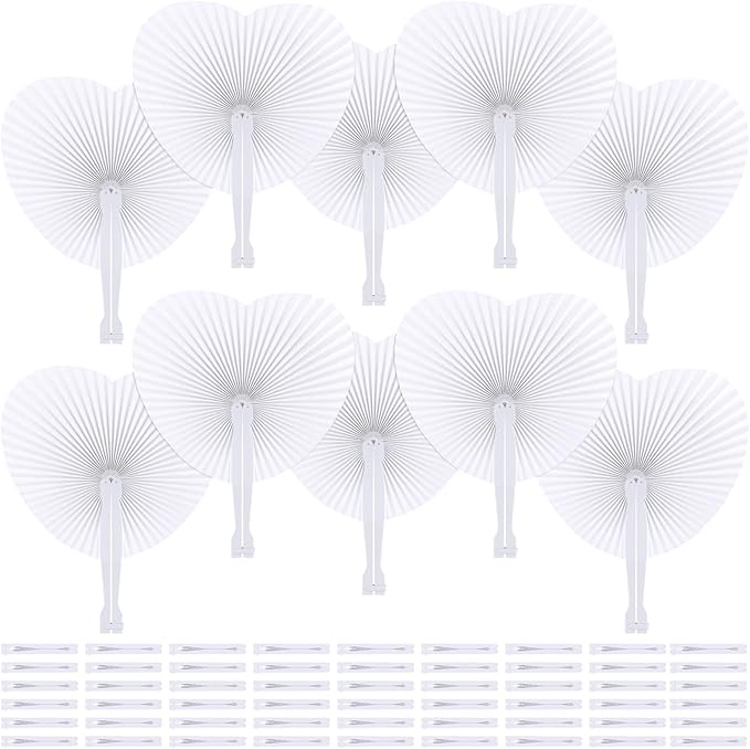 Aodaer 72 Pack Heart Shaped Folding Fans White Paper Fans Handheld Fans with Plastic Handles for Party, Wedding, Anniversary Decoration