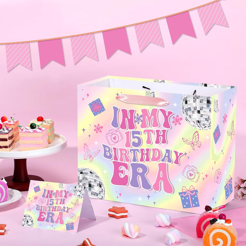 Large 15th Birthday Gift Bag for Girls Iridescent Fifteen Years Old Gift Bag with Purple Pink Wrapping Paper and Card In My 15th Birthday Era Party Decor for Girls 15 Year Old Bday Party Favor Supplies
