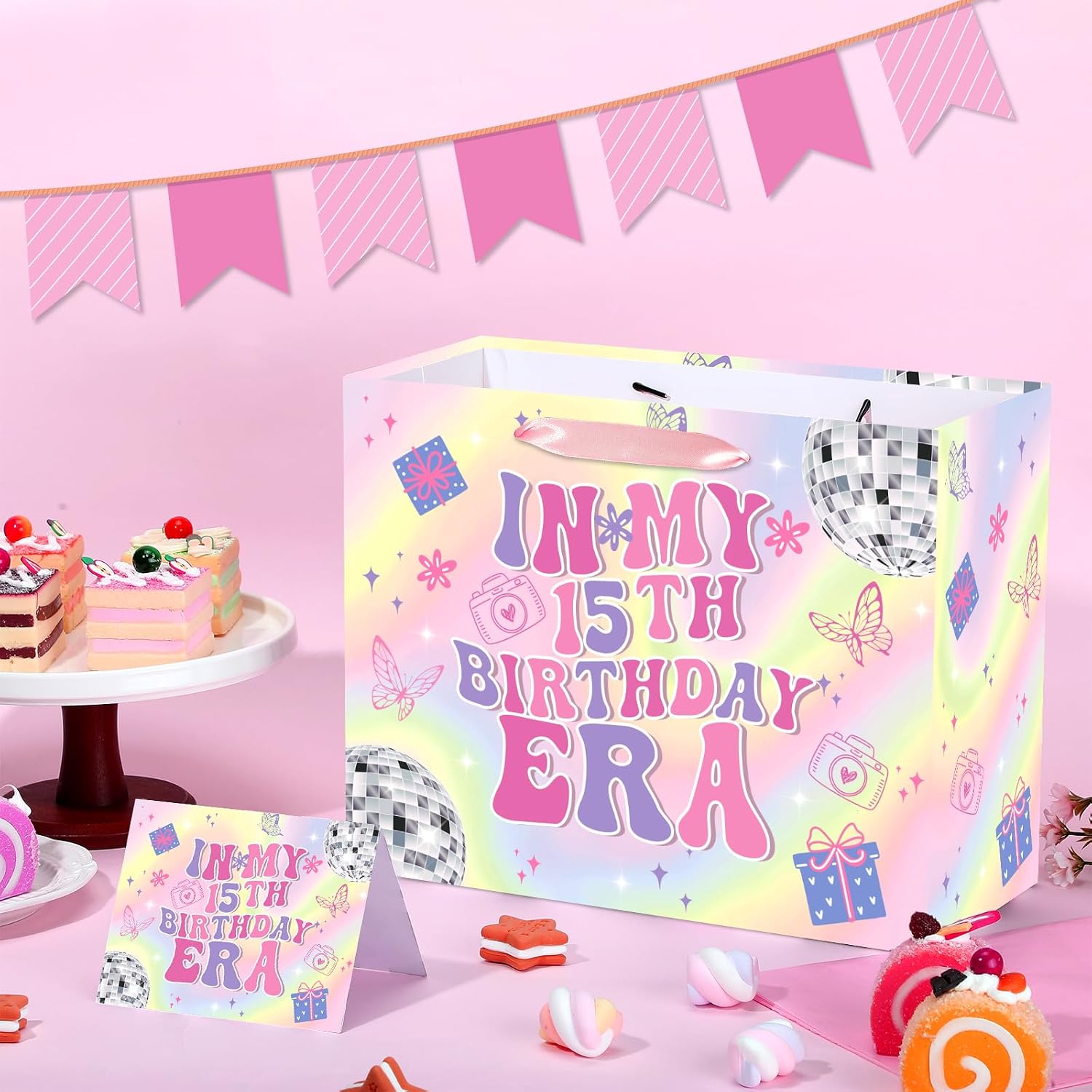 Large 15th Birthday Gift Bag for Girls Iridescent Fifteen Years Old Gift Bag with Purple Pink Wrapping Paper and Card In My 15th Birthday Era Party Decor for Girls 15 Year Old Bday Party Favor Supplies