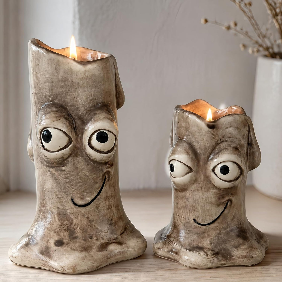 2 PCS Ceramic Candle Holders, Funny Face Decor Set for Home