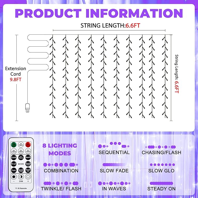 Curtain Light for Bedroom, 200LED 6.6x6.6ft Purple Window Wall Hanging Fairy Curtain String Light, 8 Modes Remote Fairy String Lights Indoor for Wedding Party Home Garden Decorations