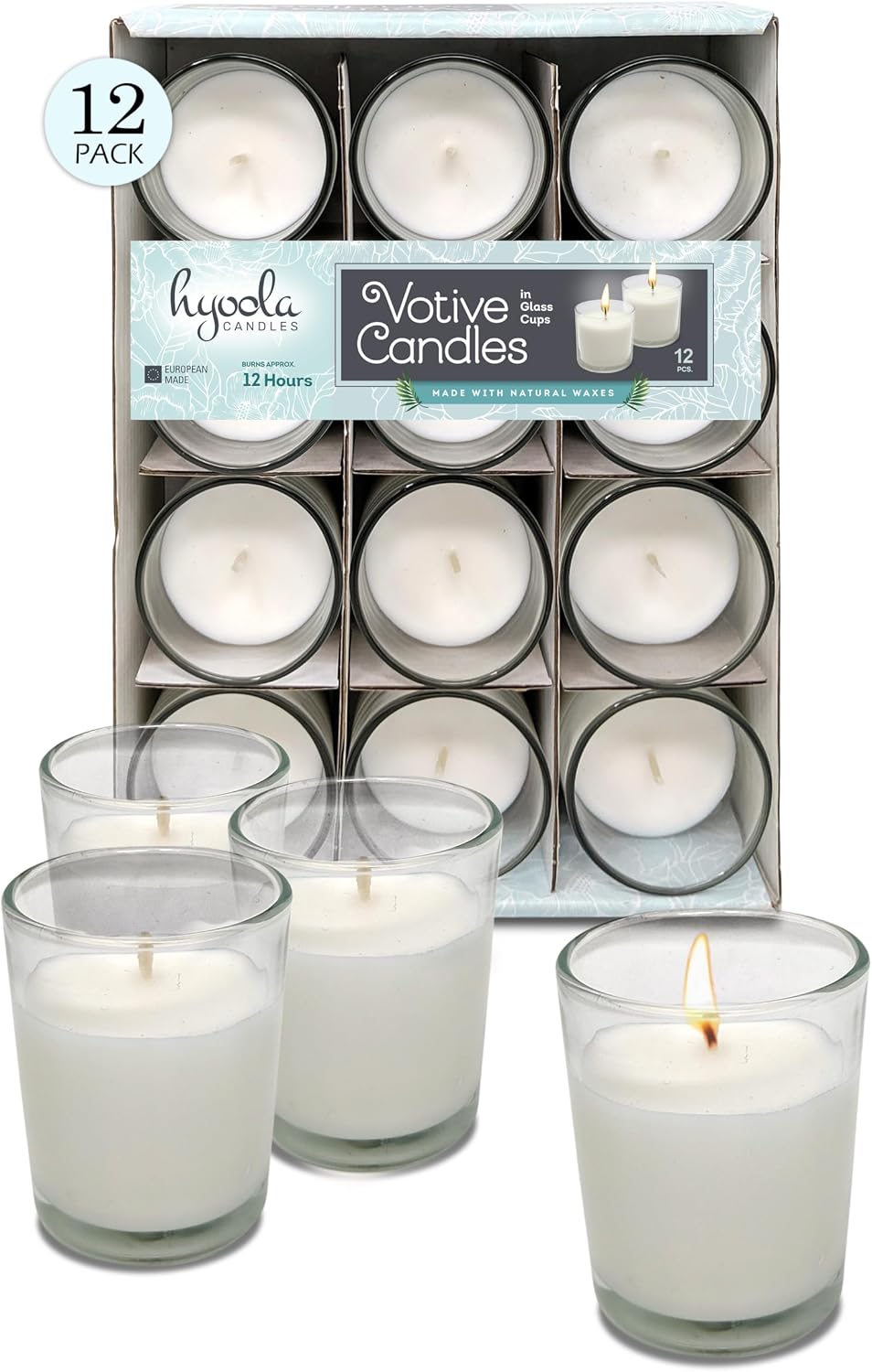 Hyoola White Votive Candles in Glass - Pack of 12 Votive Candle - 12 Hour Burn Time - Unscented Votive Candles - European Made Glass Votives