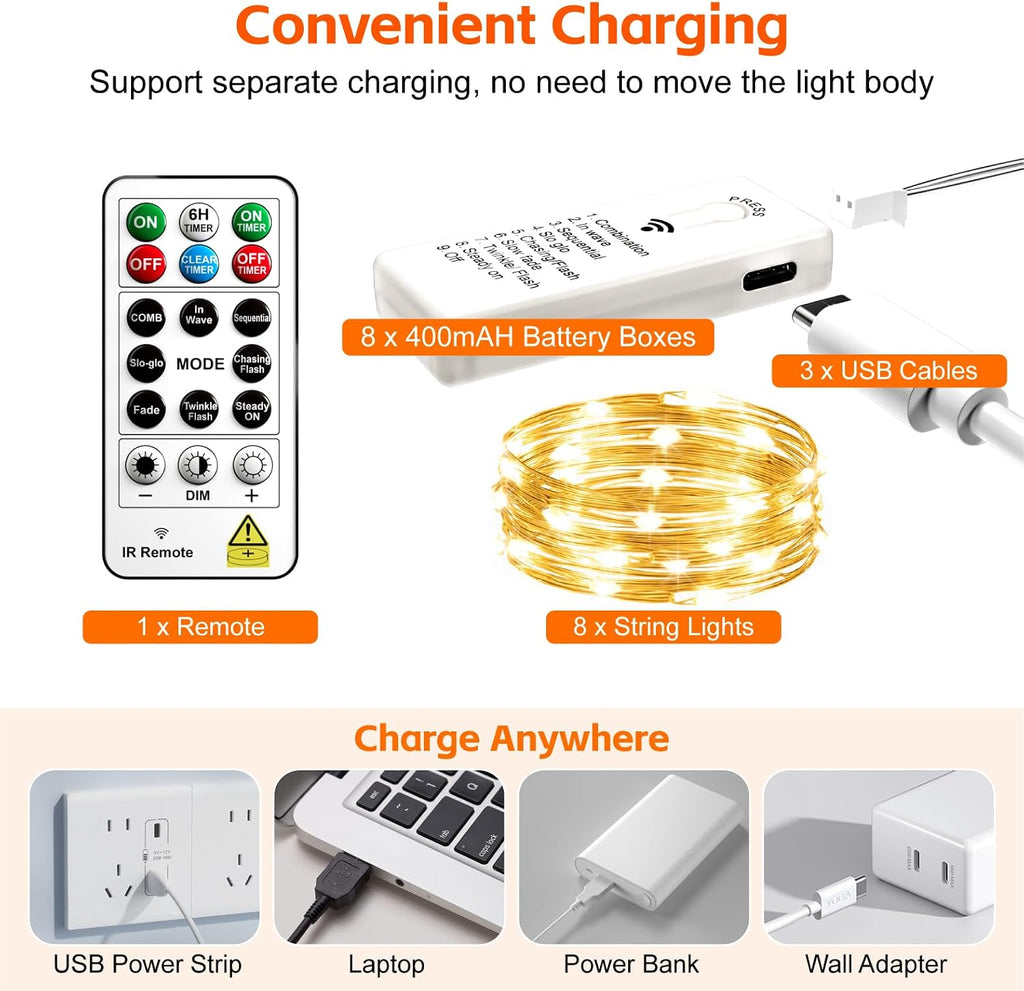 8 Pack Rechargeable LED Fairy Lights 7Ft 20LED Battery Operated | 8 Modes, Remote & DIY Timer Mini Twinkle String Lights for Indoor Christmas Wedding Mason Jar Bedroom Table