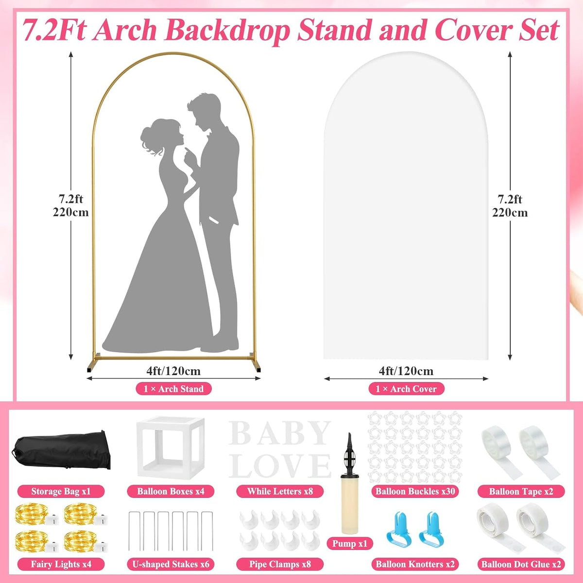 7.2ft wedding arch backdrop stand and white cover, package contents