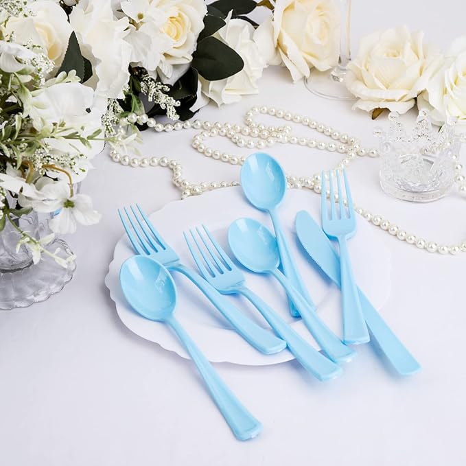 WDF 160 Piece Blue Plastic Silverware - Heavy Duty Blue Silverware Includes 80 Forks, 40 Spoons, 40 Knives, Disposable Plastic Utensils Perfect for Wedding, Graduation, Party