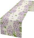 Watercolor Hydrangea Flower Table Runner, Spring Summer Seasonal Plants Butterfly Pink Lavender Dinner Runner for Home Kitchen Dining Table Party Holiday Decoration 13"x60"