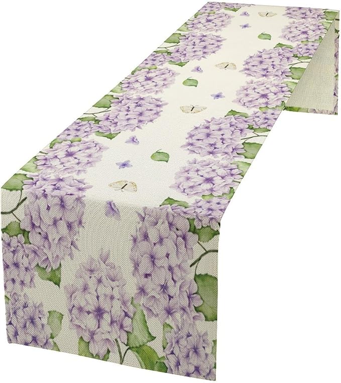Watercolor Hydrangea Flower Table Runner, Spring Summer Seasonal Plants Butterfly Pink Lavender Dinner Runner for Home Kitchen Dining Table Party Holiday Decoration 13"x60"