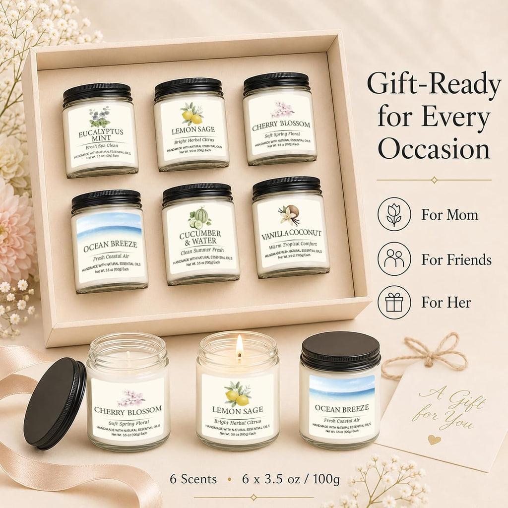 Spring & Summer Scented Candles Set, 6 Pack Soy Candles for Home, 21 oz Aromatherapy Candle Gift Set for Women, Mom, Birthday & Housewarming Gifts, Eucalyptus Mint & Vanilla Coconut