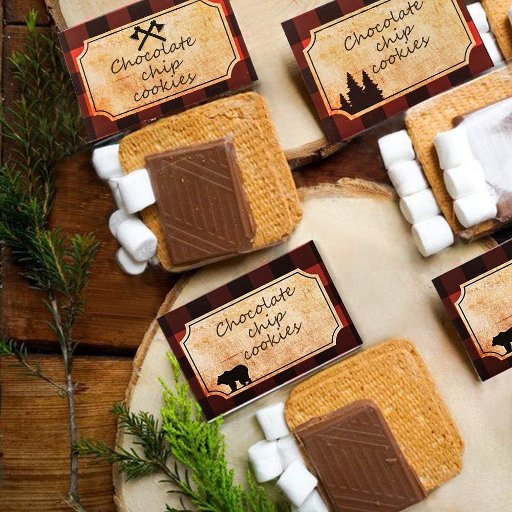 Lumberjack Party Place Cards | Lumberjack Buffalo Plaid Food Tents and Food Labels Decorations, Woodland Baby Shower Party Supplies