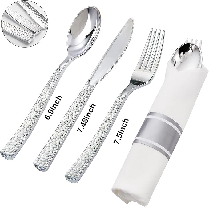 Supernal 60 Pack Pre-Rolled Silver Plastic Cutlery Heavy Duty Wrapped Silverware Disposable Premium Silver Plastic Silverware Forks and Spoons for Halloween Thanksgiving Christmas