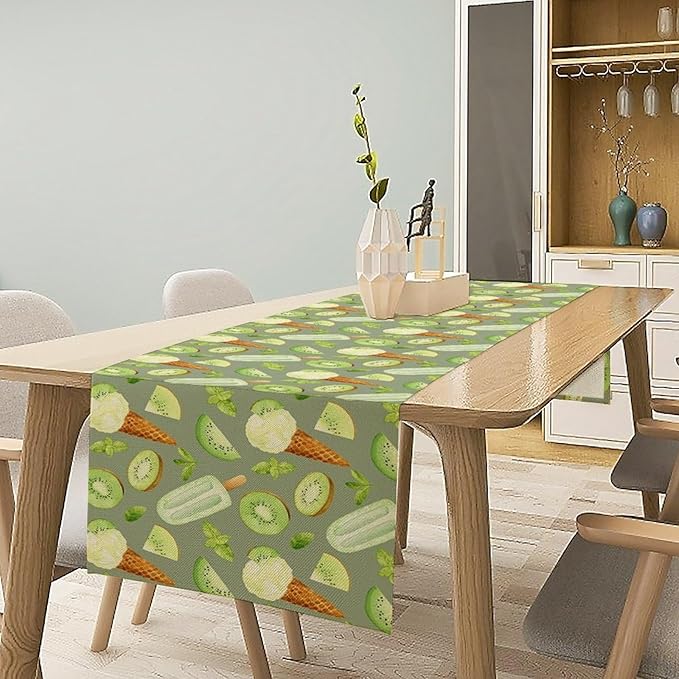 Summer Ice Cream Popsicles Table Runner, Watercolor Green Kiwi Seasonal Fruit Sweet Dessert Dinner Runner for Party Holiday Home Kitchen Dining Table Decor 13"x90"