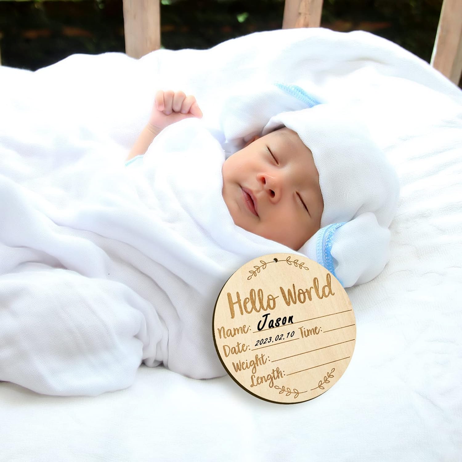 Baby Announcement Sign, 5.9 Inch Round Birth Nursery Name Signs with Ink Pad for Baby Hand and Footprints Wooden Hello World Newborn Sign for Photo Prop