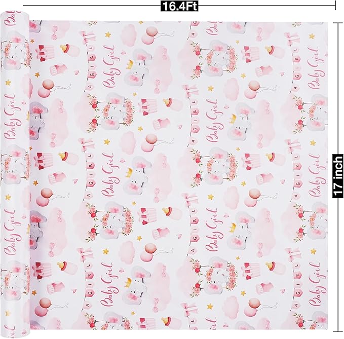 Aimyoo Pink Baby Shower Wrapping Paper Roll - 17 Inch X 16.5 Feet - Cute Elephant with Baby Girl Letter Design Perfect for Girls, Birthday, Party