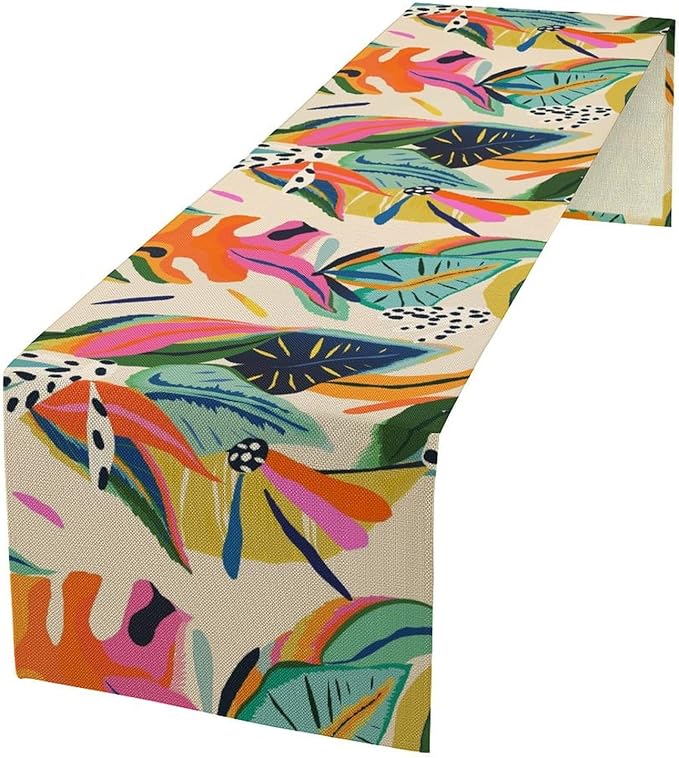 Colorful Flower Table Runner,Abstract Flower Blossom Botanical Pattern Print Tablecloth Burlap for Hotel Indoors Outdoor Dining Room Kitchen Table Decor, 13x80in
