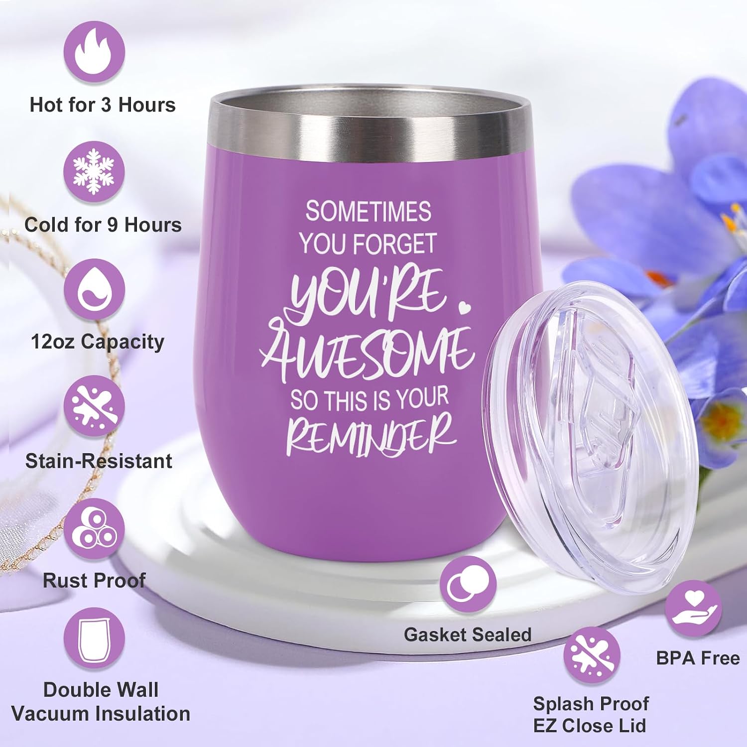 50th Birthday Gifts for Her with 12oz Tumbler/Mug Wine or Coffee, Birthday Crown, Sash, Cake Topper and Candles, 50 Year Old Decorations Women Purple