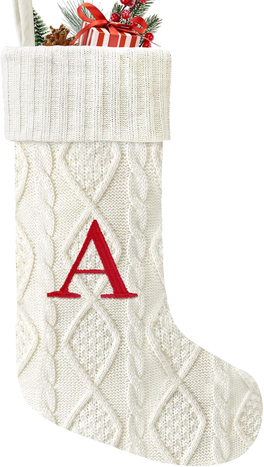 21 Inches Knitted Christmas Stockings with Initials, Large White Custom Monogram Embroidery Christmas Stockings with Letter, Personalized Xmas Decoration for Holiday Family Party-A