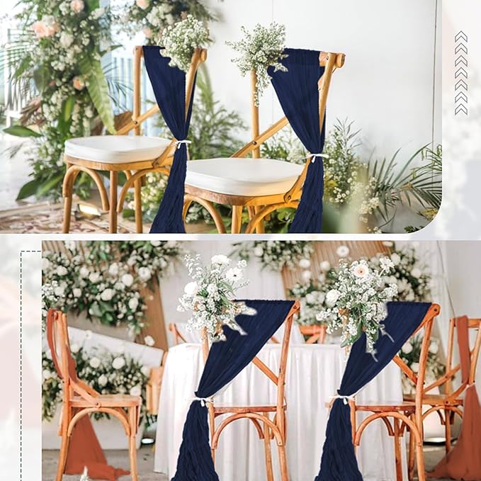 50 PCS Cheesecloth Chair Sashes Bows Wedding Aisle Decorations Chair Ribbon Ties Back Sash for Wedding Party Events Banquet Chair Cover Decoration (Navy Blue)