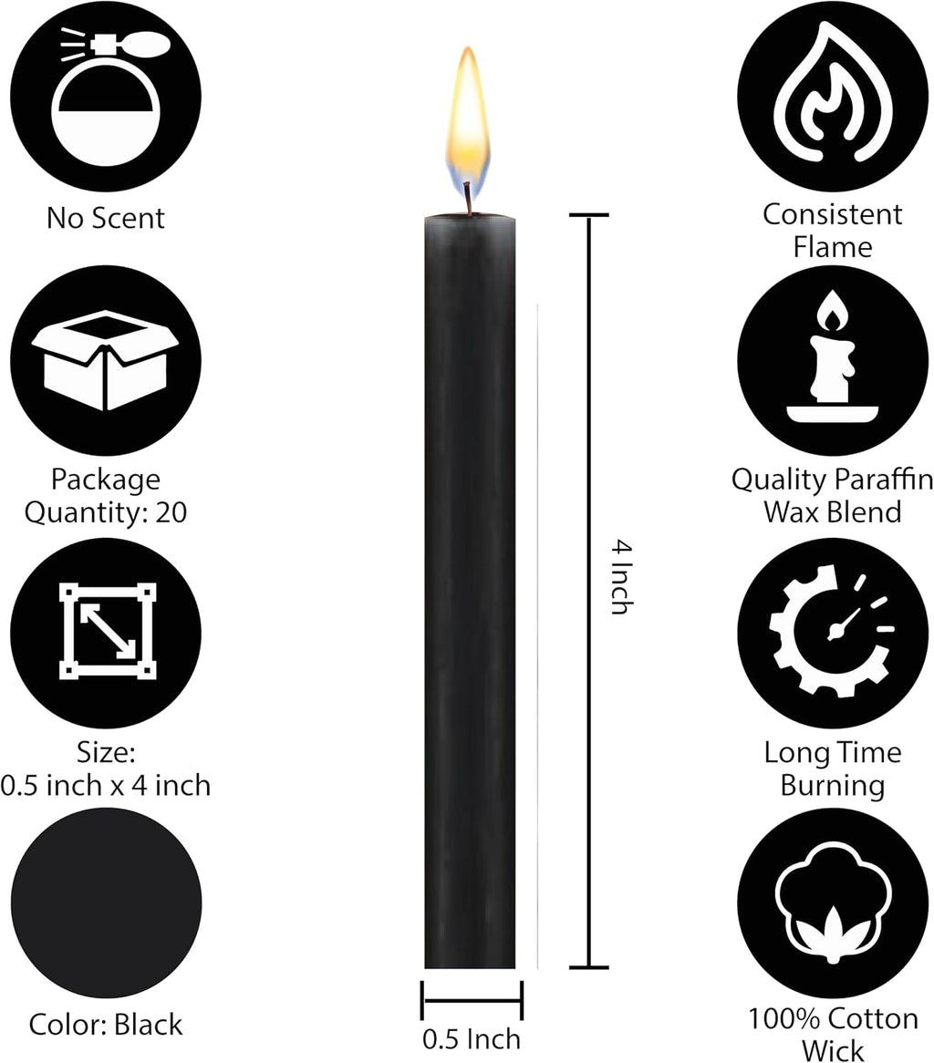 Dinil Black Spell Candles, 4 Inch Mini Chime Candles, Set of 20 | Unscented paraffin taper candles with cotton wicks; approximately 1.5-hour burn time; popular for spell work and rituals