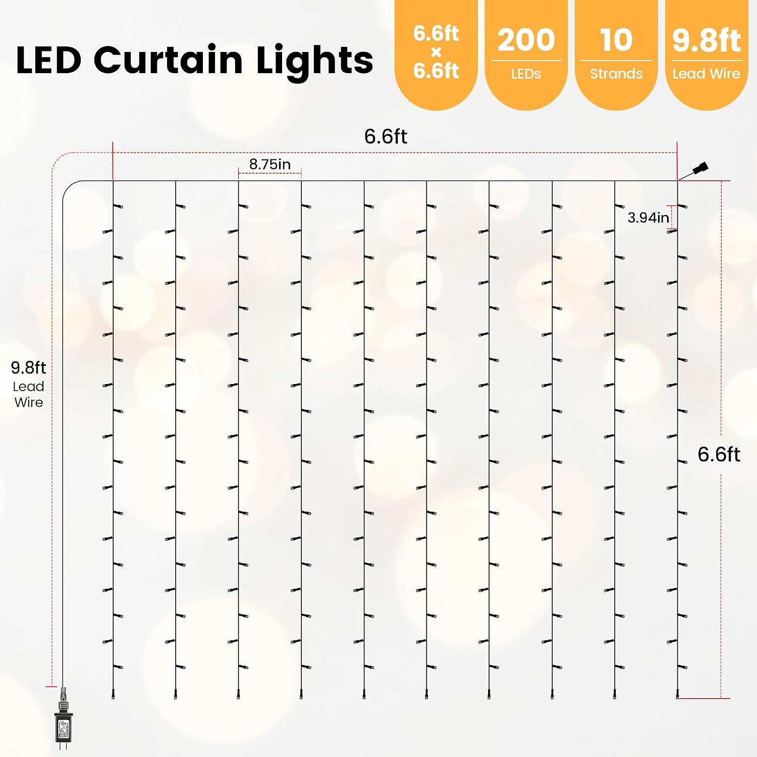 HEYFUNi 6.6FT x 6.6FT Warm White Curtain Lights Plug in, 200 LED | Window String Lights With Remote, 8 Modes, Timer, Memory, Connectable Fairy Lights for Bedroom, Wall, Wedding, Dorm Decor