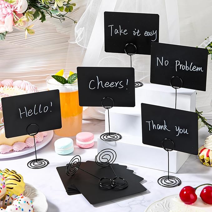 TecUnite 24 Pack Mini Chalkboard Signs, 4"x3" Small Table Place Cards with Metal Stand and 2 Marker Pens Food Labels for Party Buffet, Tabletop Blackboard Signs Name Tags for Wedding Bakery(Black)
