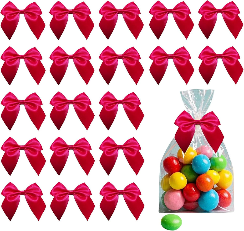 50PCS Hot Pink Bows, Twist Tie Decor with Tape (2.7x2.5 Inch) | for Gift Wrapping Double-Sided Tape Bows Treats Bags Wrapping Wedding Decorations