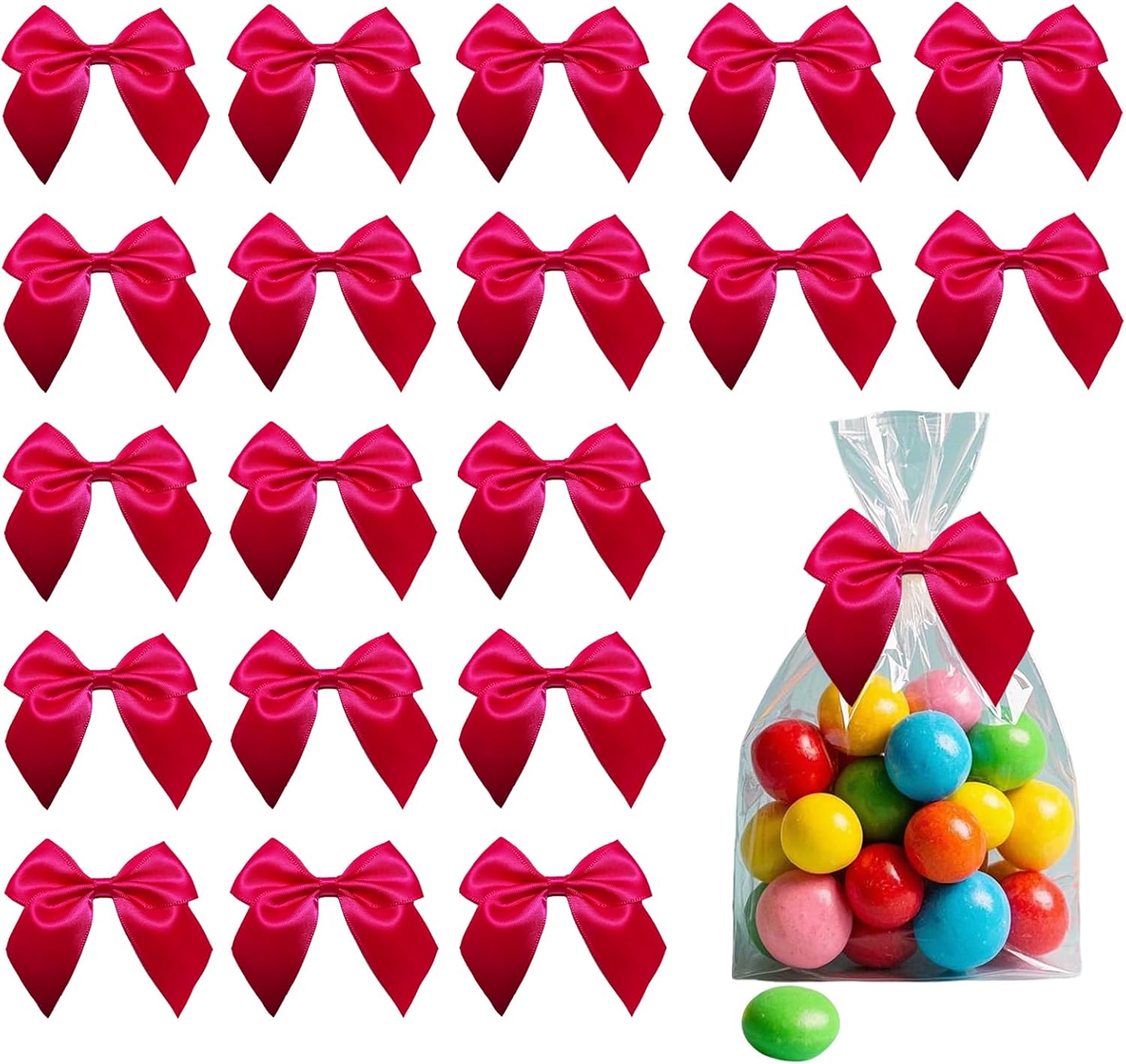 50PCS Hot Pink Bows, Twist Tie Decor with Tape (2.7x2.5 Inch) | for Gift Wrapping Double-Sided Tape Bows Treats Bags Wrapping Wedding Decorations