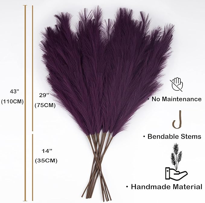 EVODIS Pampas Grass Decor Tall, 43"/110cm Faux Pampas Grass 6 Stems Large Pompass Grass Branches Tall Bulk Boho Flower Arrangement for Home Room Wedding Party Decor(Purple)
