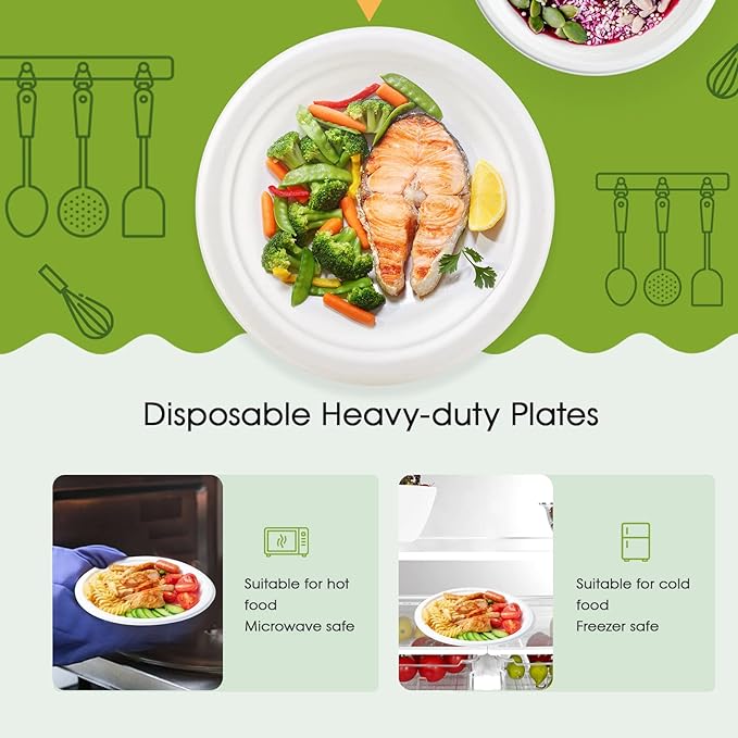 ECOLipak 100% Compostable 10 Inch Heavy Duty Paper Plates, 150 Pack Disposable Biodegradable Eco-friendly Sugarcane Bagasse Plates for Dinner Party(White)