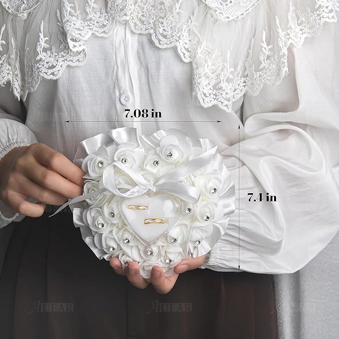 AUEAR, White Wedding Ring Holder Pillow Heart Shape Lace Rose Flower Rhinestone Crystal Box for Ceremony
