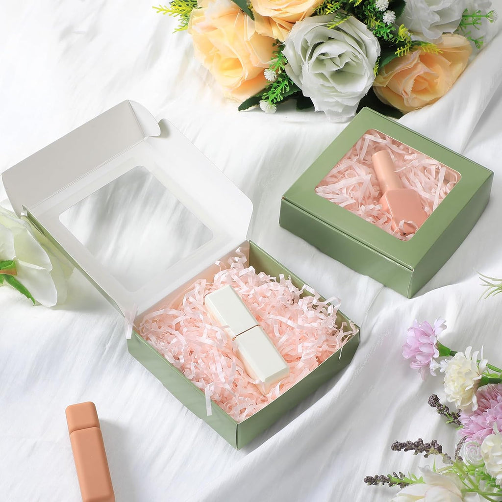 Zonon 30 Pcs Kraft Paper Boxes with Window 4.13 x 4.13 x 1.18 Inch Candy Packaging, Small Gift Boxes, Soap holder, Mini Treat Packaging for Bakery Chocolate Jewelry Display (Sage Green)