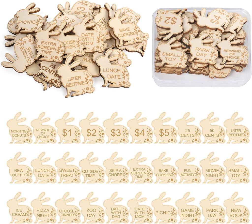 Easter Egg Fillers,30 Pack Wooden Easter Egg Tokens for Kids,Easter Basket Stuffers,Easter Reward Tokens with 30 Different Engraved Sayings,Easter Eggs Filled Activity for Kids Teens Girls Boys(Bunny)