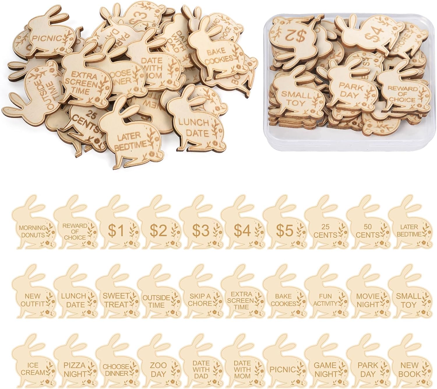 Easter Egg Fillers,30 Pack Wooden Easter Egg Tokens for Kids,Easter Basket Stuffers,Easter Reward Tokens with 30 Different Engraved Sayings,Easter Eggs Filled Activity for Kids Teens Girls Boys(Bunny)