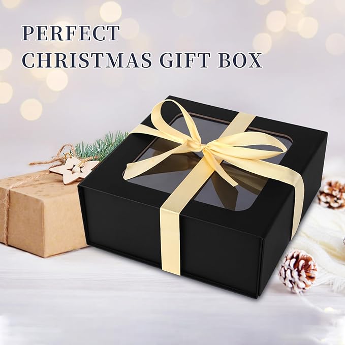 Black Gift Box with Window,7.5"x7.5"x3.1" Bridesmaid Boxe for Gift Giving,Birthday Gifts Boxes with Magnetic,Closure Lid Gift Boxe for Presents,Cute Box,Luxury for Gift Packaging,Gift Boxes for Wrapping Gifts