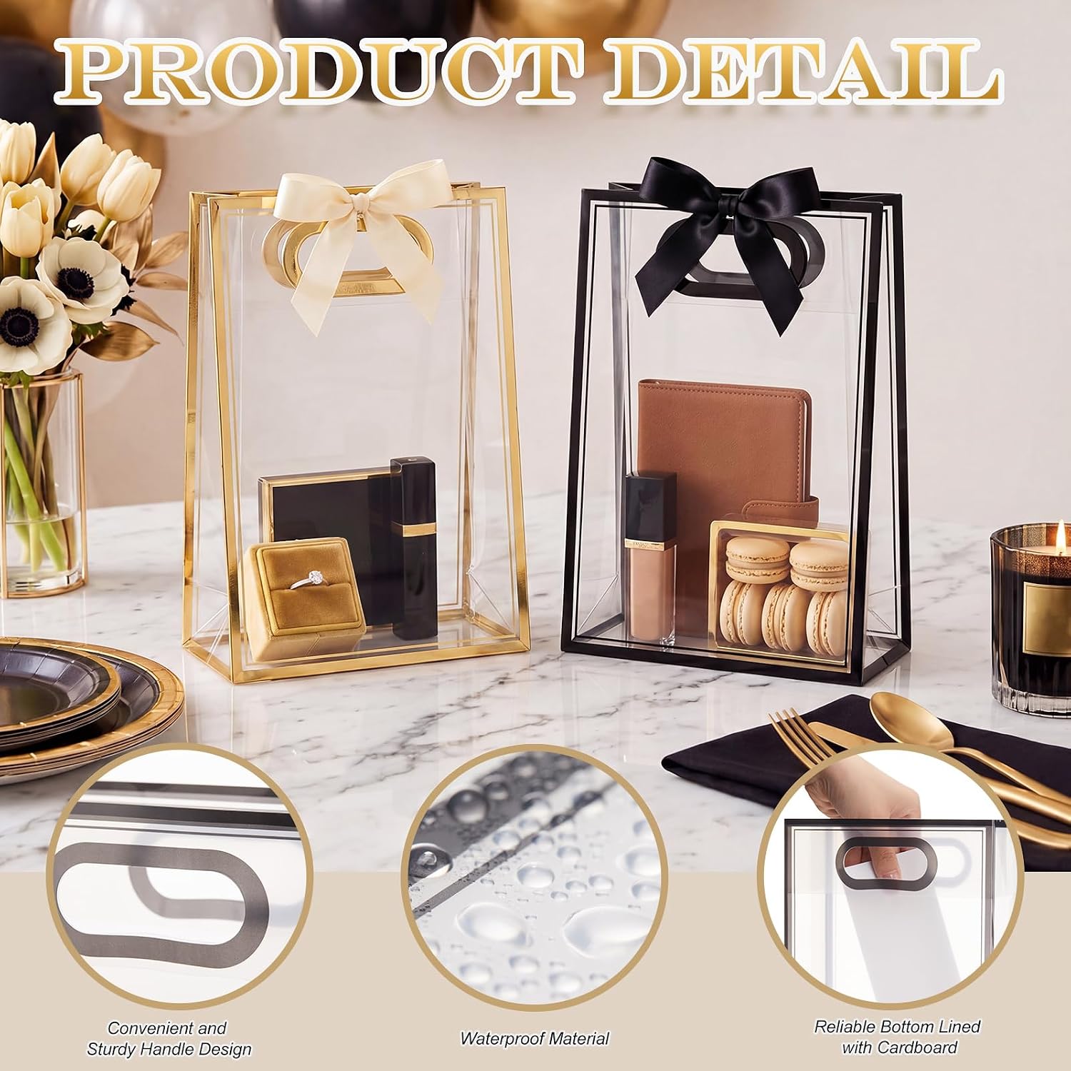 Mooliwe 24 Pcs Black Gold Gift Bags with Handles, Clear Plastic Gift Bags with Ribbons Reusable Tote Bag for Birthday Weeding Party Supplies Company Business Events