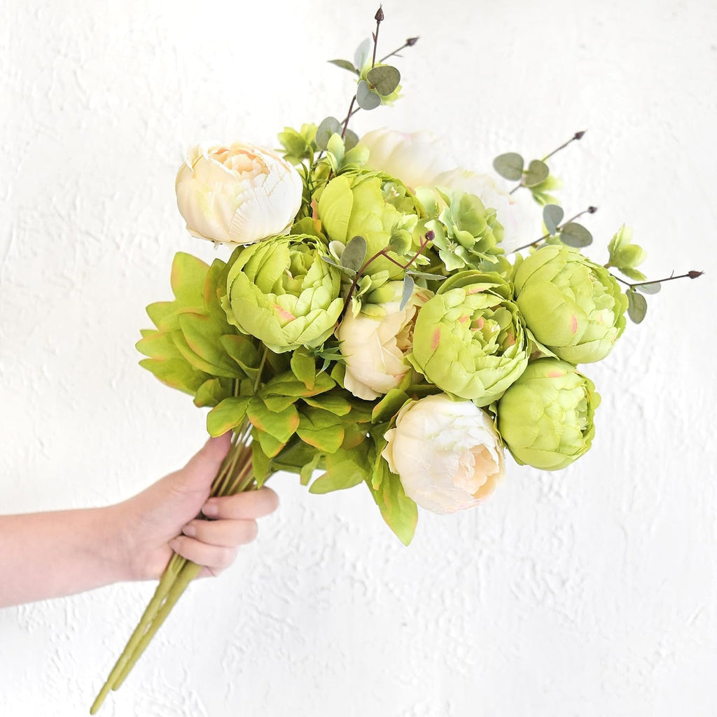 fiveseasonstuff cream beige & moss green artificial peony, side view