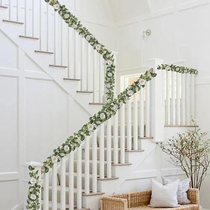 MAKHOT 2Pack White 6.6Ft Artificial Eucalyptus Garland with Flowers, Fake Rose Gypsophila Vine Rose Garlands Decor, Floral Flower Greenery Garland for Wedding Home Table Decor (White)