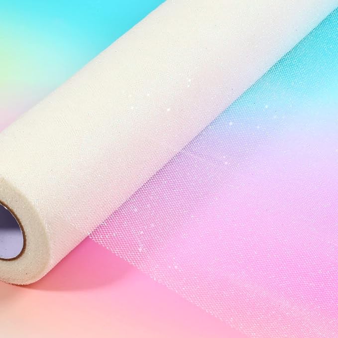ICOSHOW Sparkling Tulle Rolls, 15” by 30 Yards (90FT) Glitter Tulle Spool Ribbon Fabric for Wedding Birthday Bridal Shower Tutu Skirt Party Gift Wrapping (Ivory)