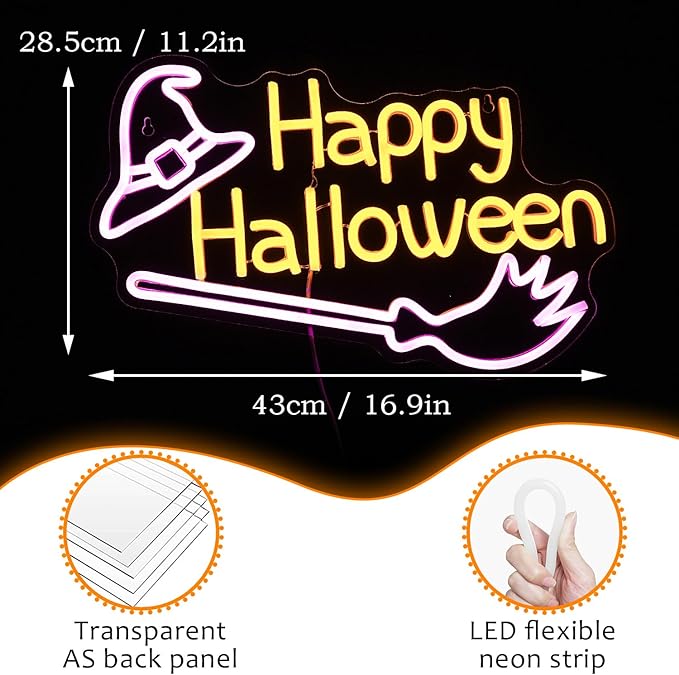 Happy Halloween Neon Sign Witch Hat Neon Sign Dimmable Broom Led Wall Decor Neon Lights Halloween Decorations for Home Spooky Party Kids Room