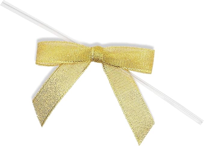 Bright Creations Gold Twist Tie Bows - 100 Pack, 2.5 x 3 in - Pretied Gold Bows & Ribbon for Treat Bags & Twist Ties for Crafts