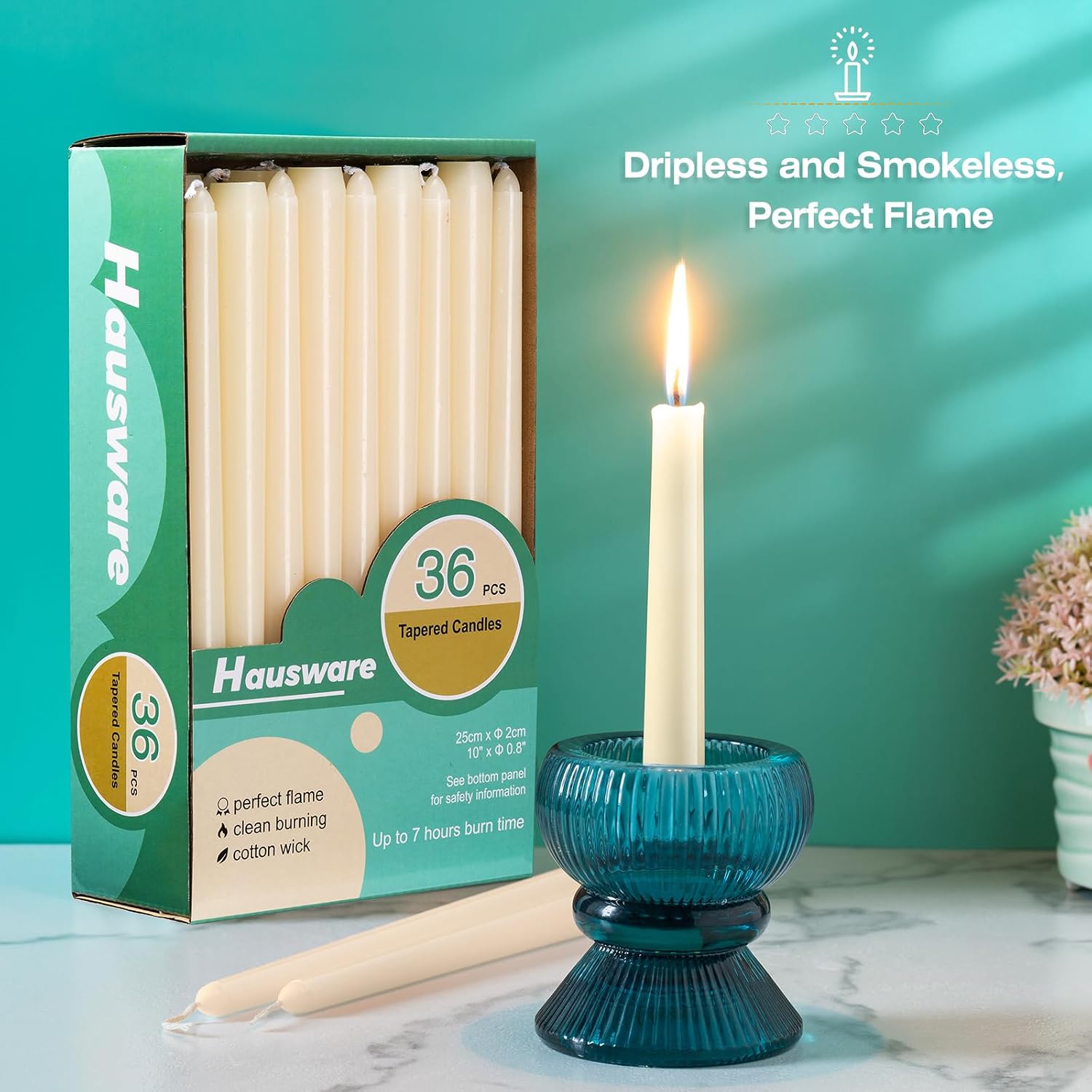 Hausware 36 Pack Taper Candles, 8 Hour Burn Time,Unscented Dripless and Smokeless, 10 inch Elegant Premium Quality Dinner Candle for Home Décor, Restaurant, Wedding, Party Candlesticks (Ivory)
