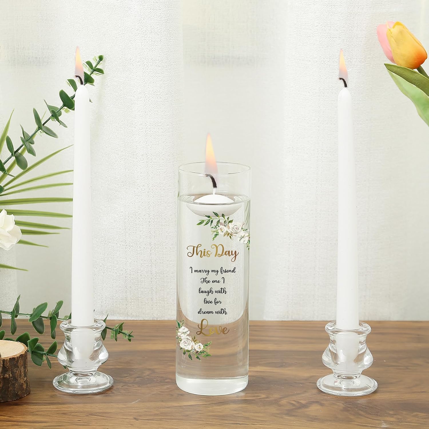 Unity Candles with Glass Holder for Wedding Ceremony - Unity Candles for Wedding, Religious Ceremony Ideas Marriage Decoration Accessories Set for Newly Couple Anniversary Church (Flower)