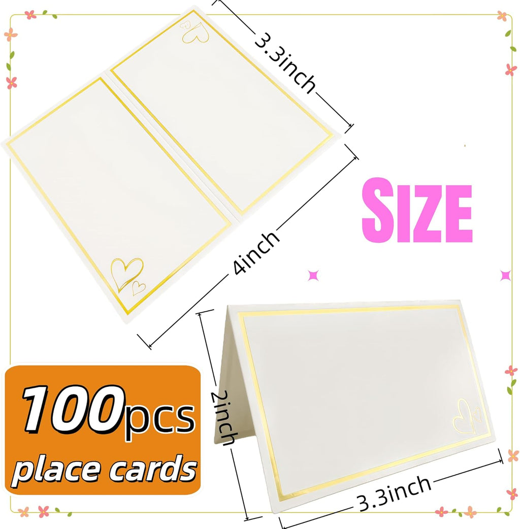 ARREBOL 100 Pcs Place Cards for Table Setting, 2" x 3.5" Elegant Name Placecards with Gold Foil Border for Wedding & Dinner Party, Printable Food Labels for Party Buffet