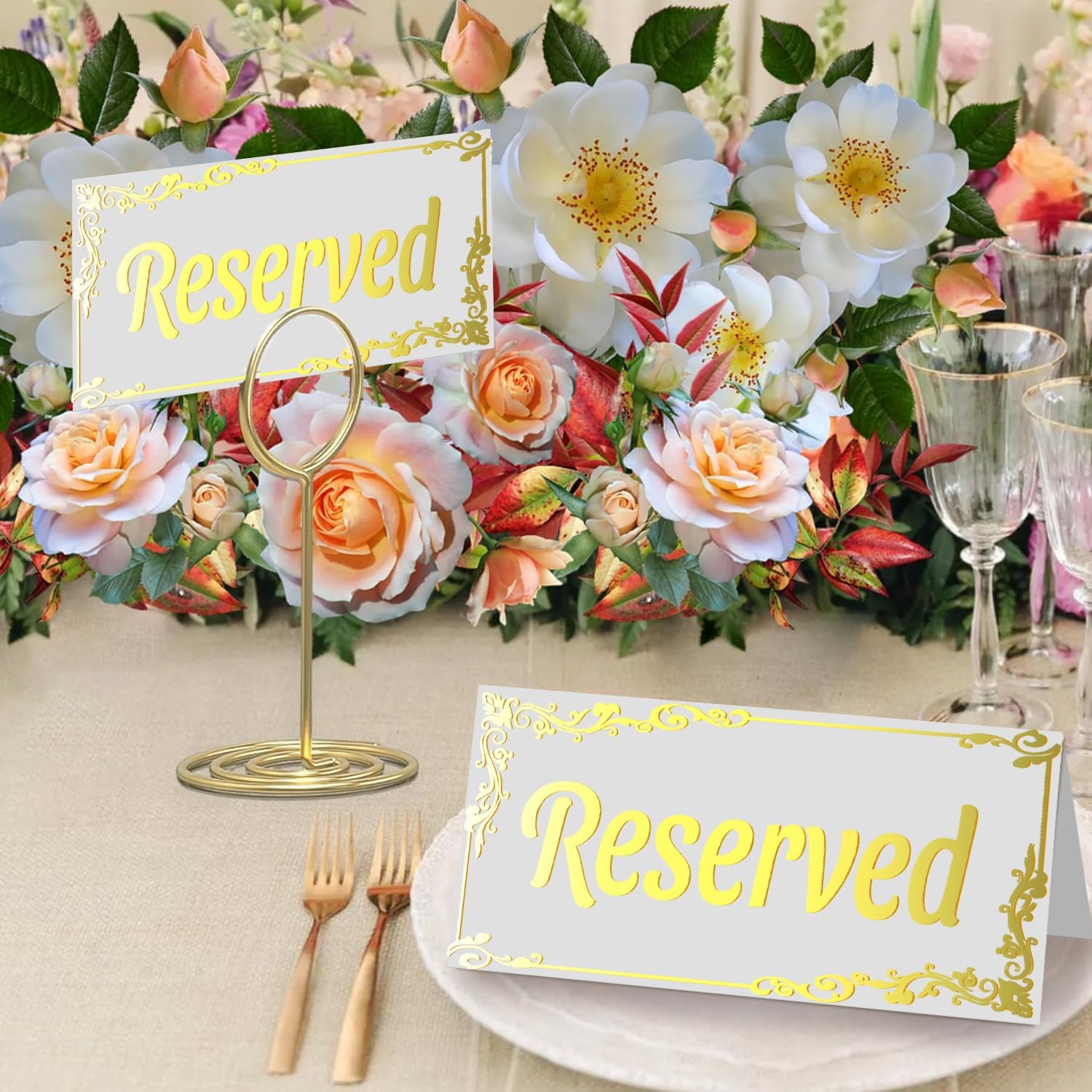 20 Pack Gold Reserved Table Signs for Wedding Party Restaurant-Double Sided Gold Reserved Signs for Tables Chairs