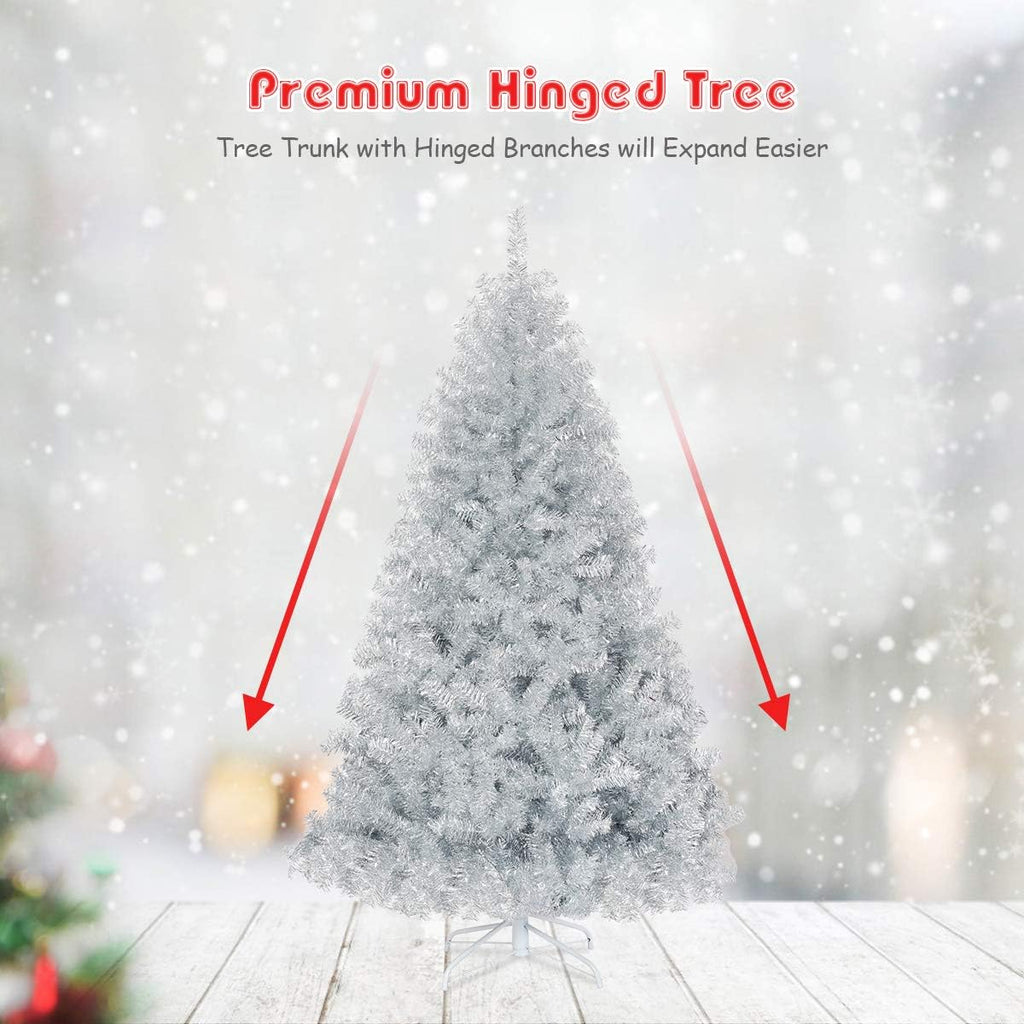 goplus 6ft sliver artificial christmas tree with electroplated shown in use