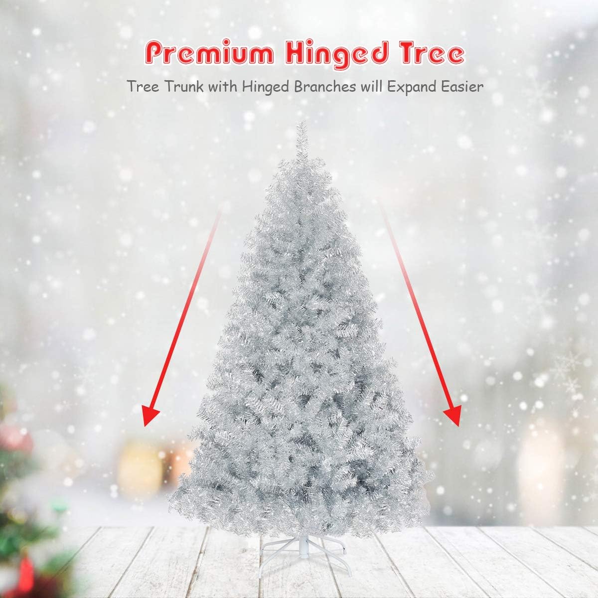 goplus 6ft sliver artificial christmas tree with electroplated shown in use