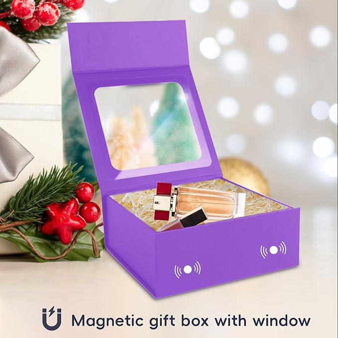 TIACABO Purple Gift Box with Window,7.5"x7.5"x3.1" Bridesmaid Boxe for Gifts Giving,Birthday Gift Boxes with Magnetic,Closure Lid Gifts Boxes for Presents,Cute Box,Luxury for Gift Packaging
