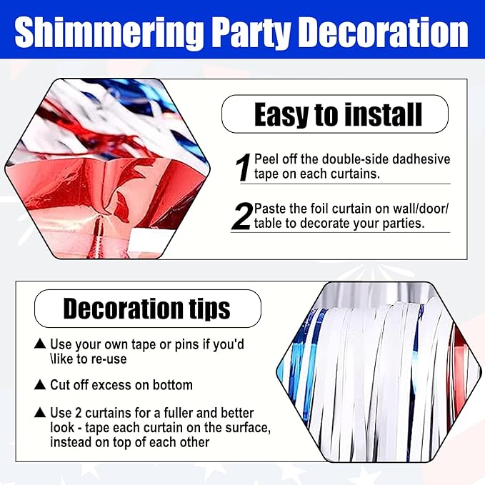 6 Pack White Blue Red Foil Fringe Curtain Backdrop, 3.28Ft x 8.2Ft Metallic Tinsel Foil Fringe Streamer Curtains for Photo Booth, Birthday, Wedding, New Year Party Decorations