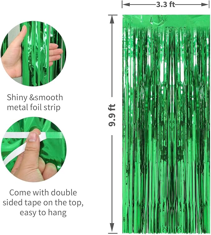 Crosize 2 Pack 3.3 x 9.9 ft Green Foil Fringe Backdrop Curtain, Streamer Backdrop Curtains, Streamers Birthday Party Decorations, Tinsel Curtain for Parties, Galentines Decor, Preppy, Photo Booth