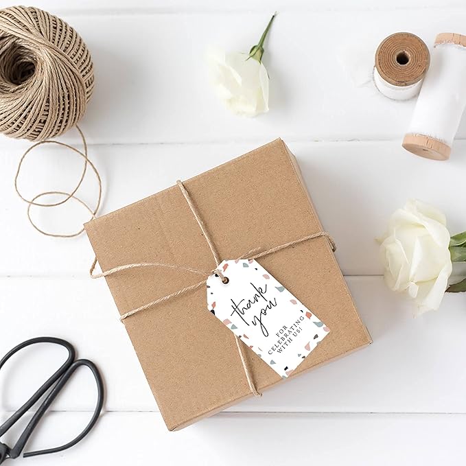 Andaz Press 100-Pack Thank You for Celebrating with Us Favor Tags Terrazzo Cardstock Gift Tags with Bakers Twine for Wedding Baby Shower Bridal Shower Birthday Party Favors 2 x 3.75-Inches