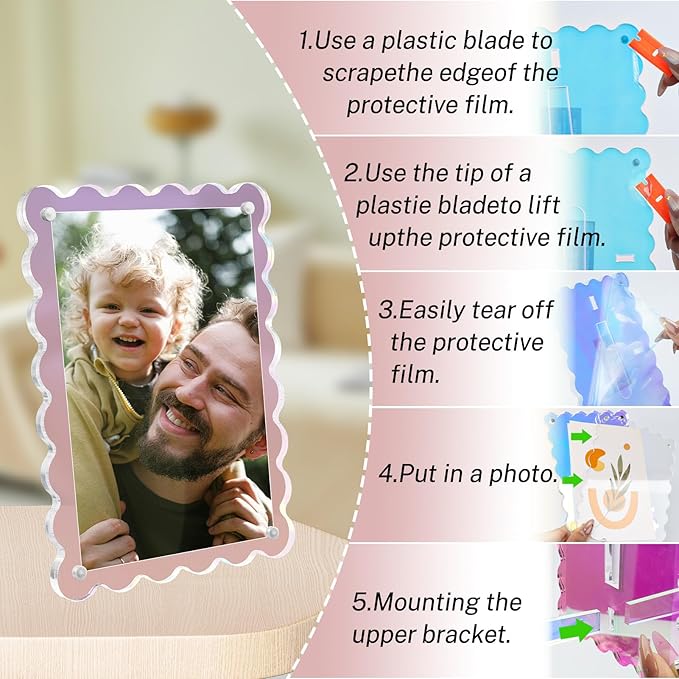 Acrylic Picture Frames 3 Pack 5x7 inch Scalloped Iridescent with Detachable Stand, Vertical and Horizontal Tabletop Display, Magnetic Photo Frames for Café/Home/Party/Wedding